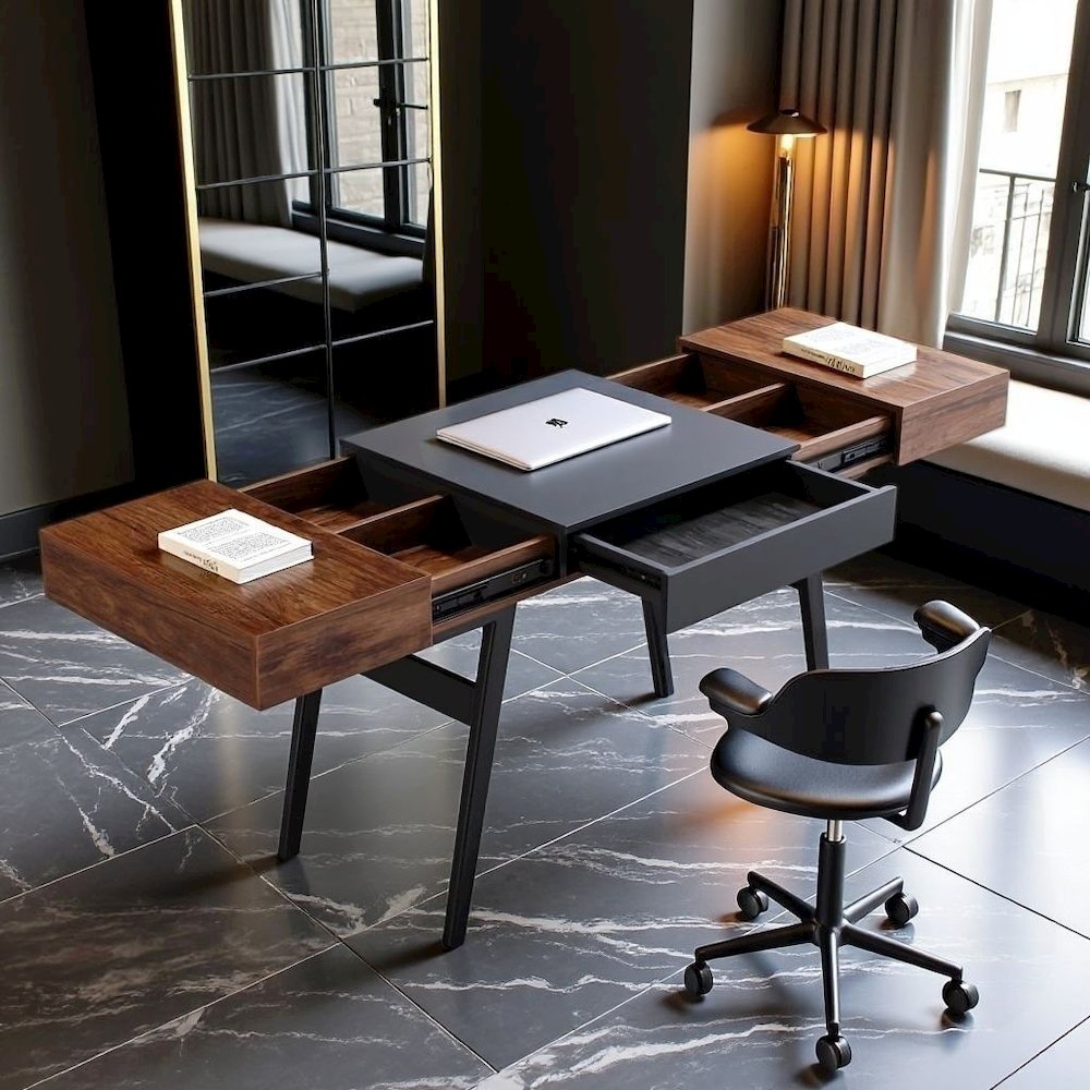 Black And Mahogany Wood Desk With Drawers, Metal Writing Table Design