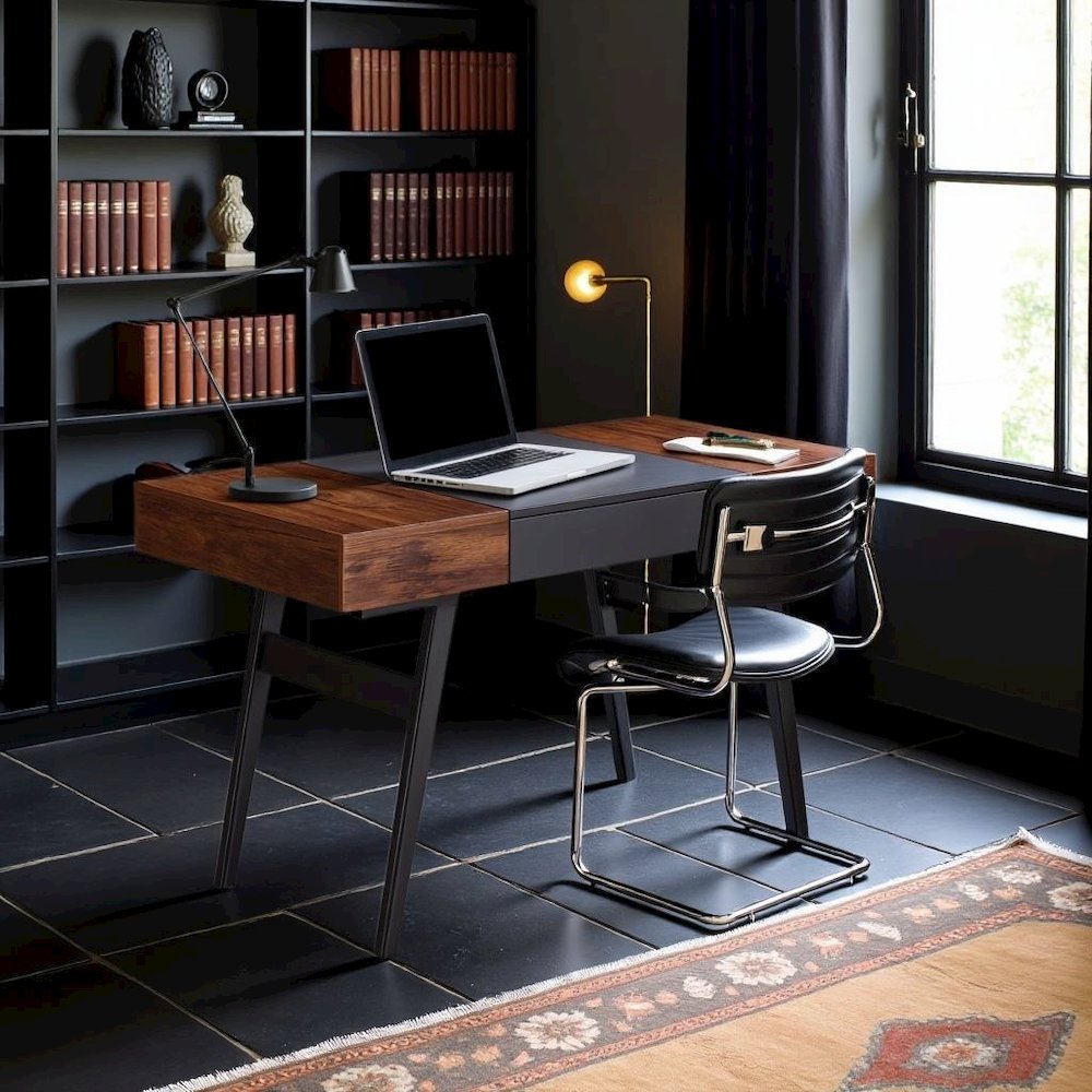 Black And Mahogany Wood Desk With Drawers, Metal Writing Table Design