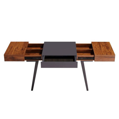 Black And Mahogany Wood Desk With Drawers, Metal Writing Table Design
