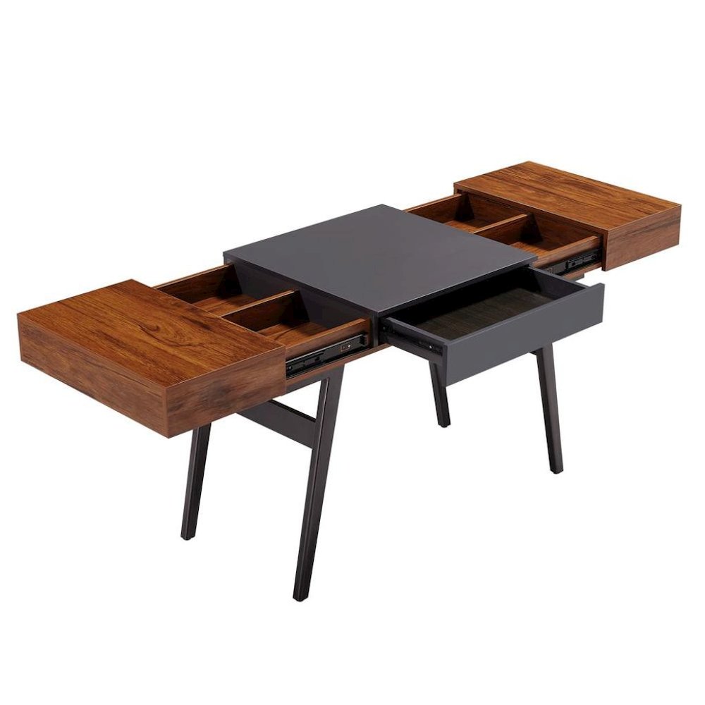 Black And Mahogany Wood Desk With Drawers, Metal Writing Table Design