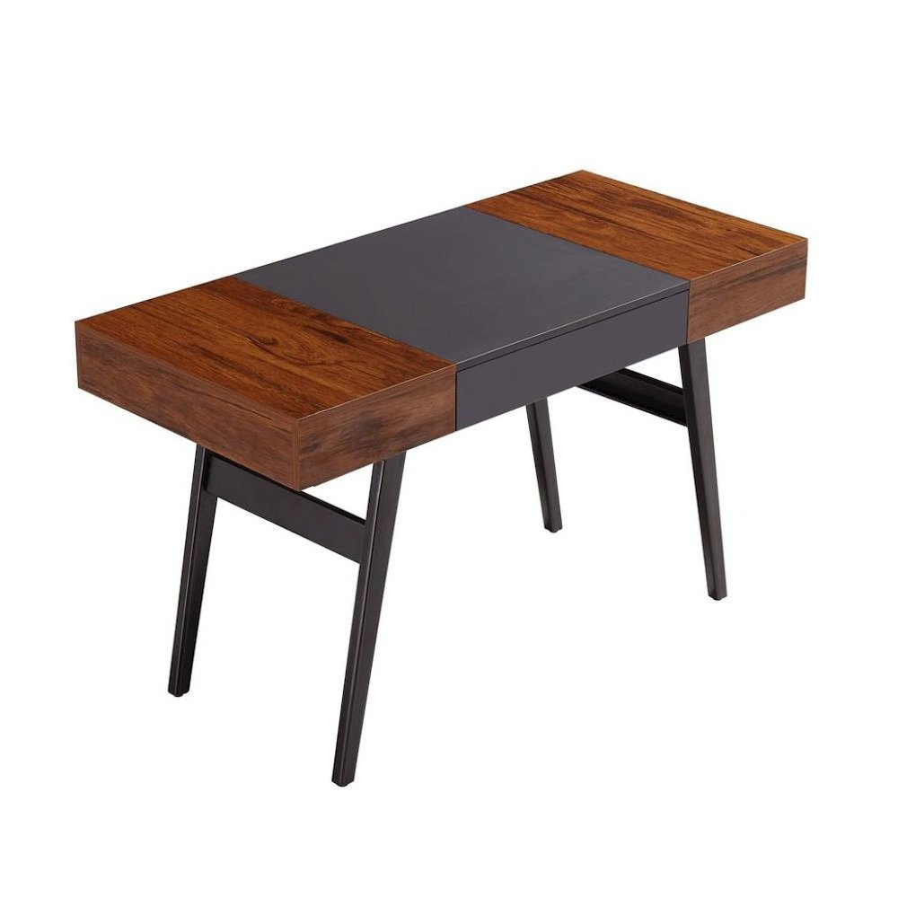 Black And Mahogany Wood Desk With Drawers, Metal Writing Table Design