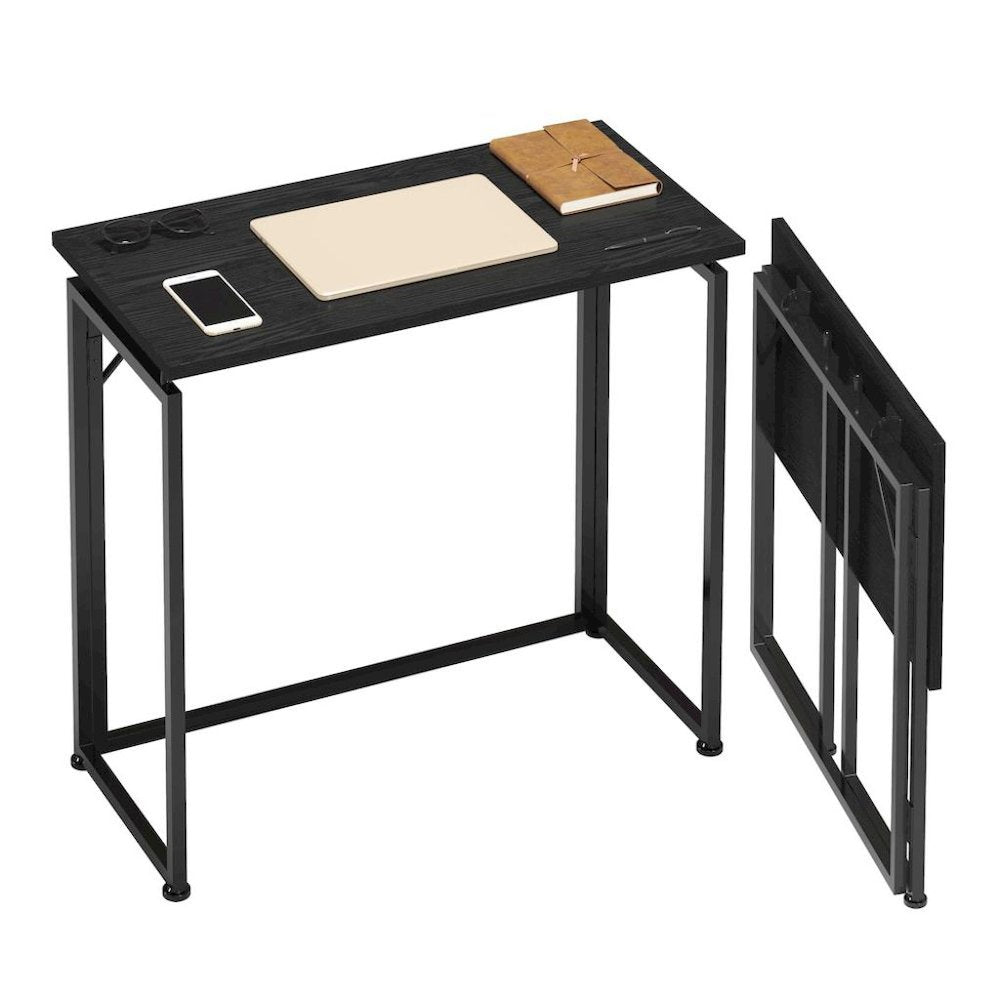 Compact Folding Table With Metal Frame, Black Office Writing Desk For Home