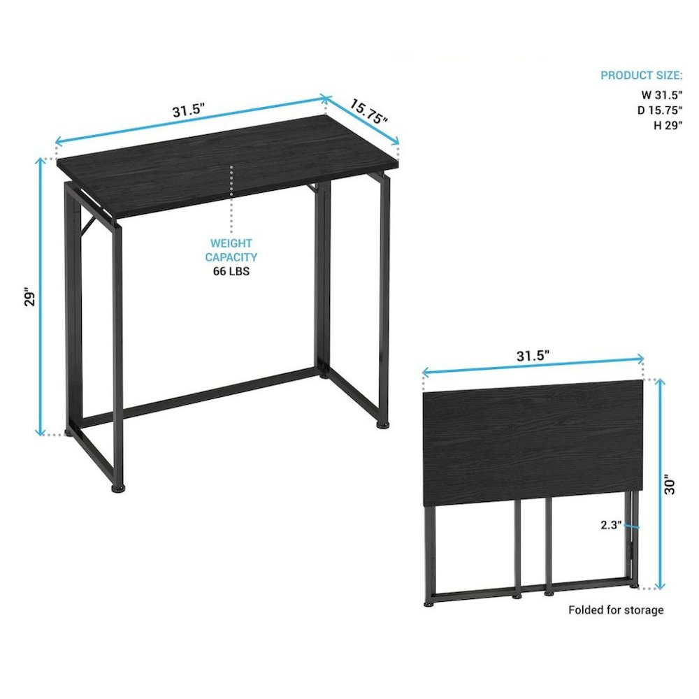 Compact Folding Table With Metal Frame, Black Office Writing Desk For Home