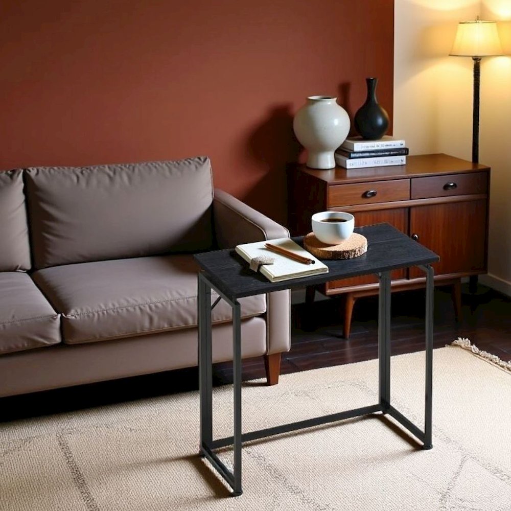 Compact Folding Table With Metal Frame, Black Office Writing Desk For Home