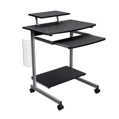 Brown Portable Computer Cart With Keyboard Shelf, Media Rack And Wheels