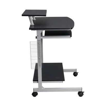 Brown Portable Computer Cart With Keyboard Shelf, Media Rack And Wheels