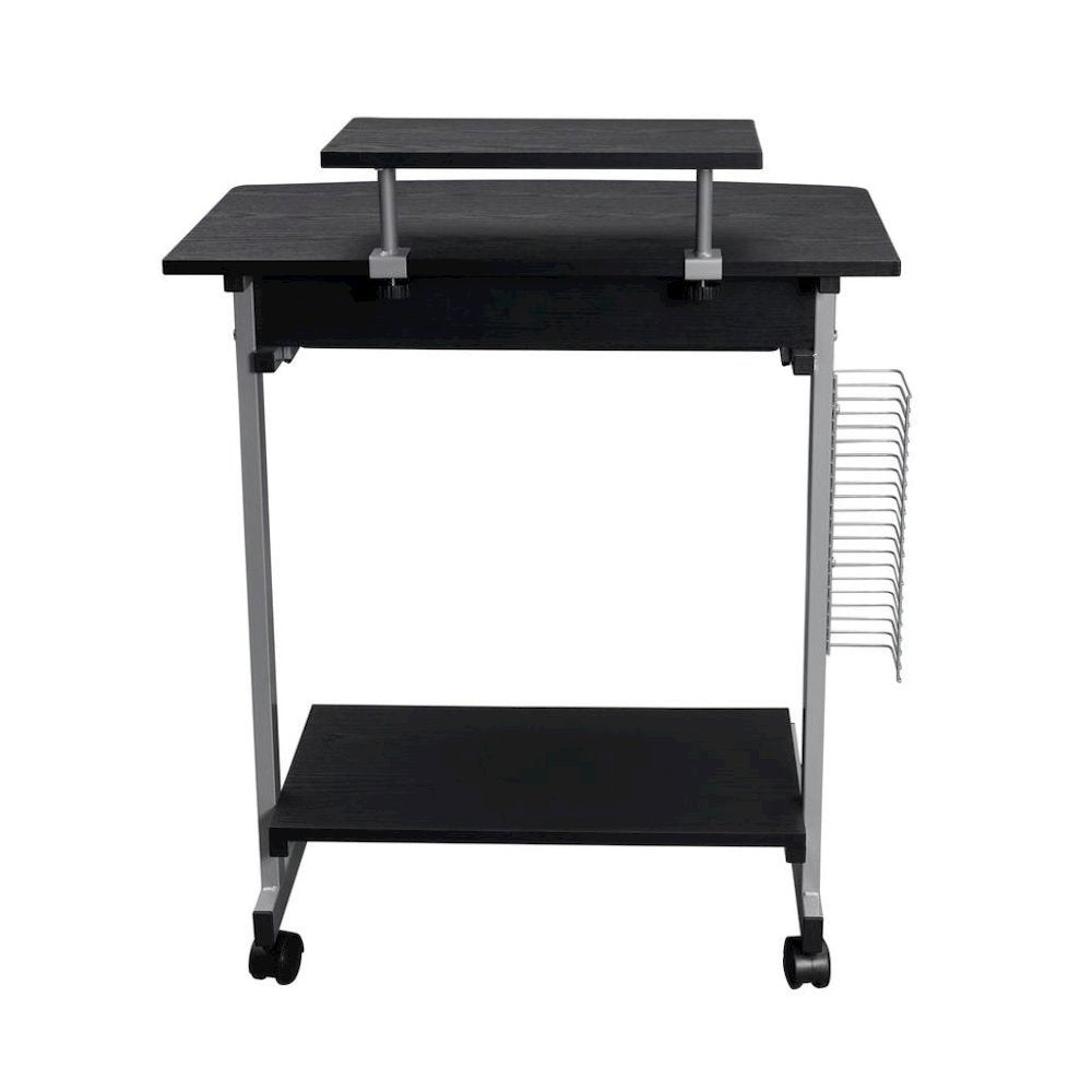 Brown Portable Computer Cart With Keyboard Shelf, Media Rack And Wheels