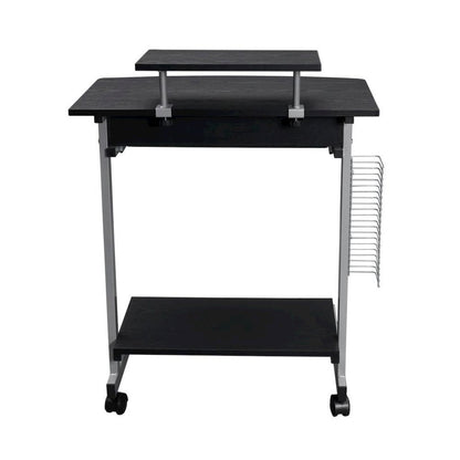 Brown Portable Computer Cart With Keyboard Shelf, Media Rack And Wheels