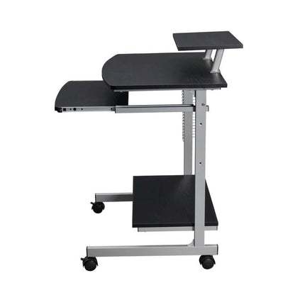 Brown Portable Computer Cart With Keyboard Shelf, Media Rack And Wheels
