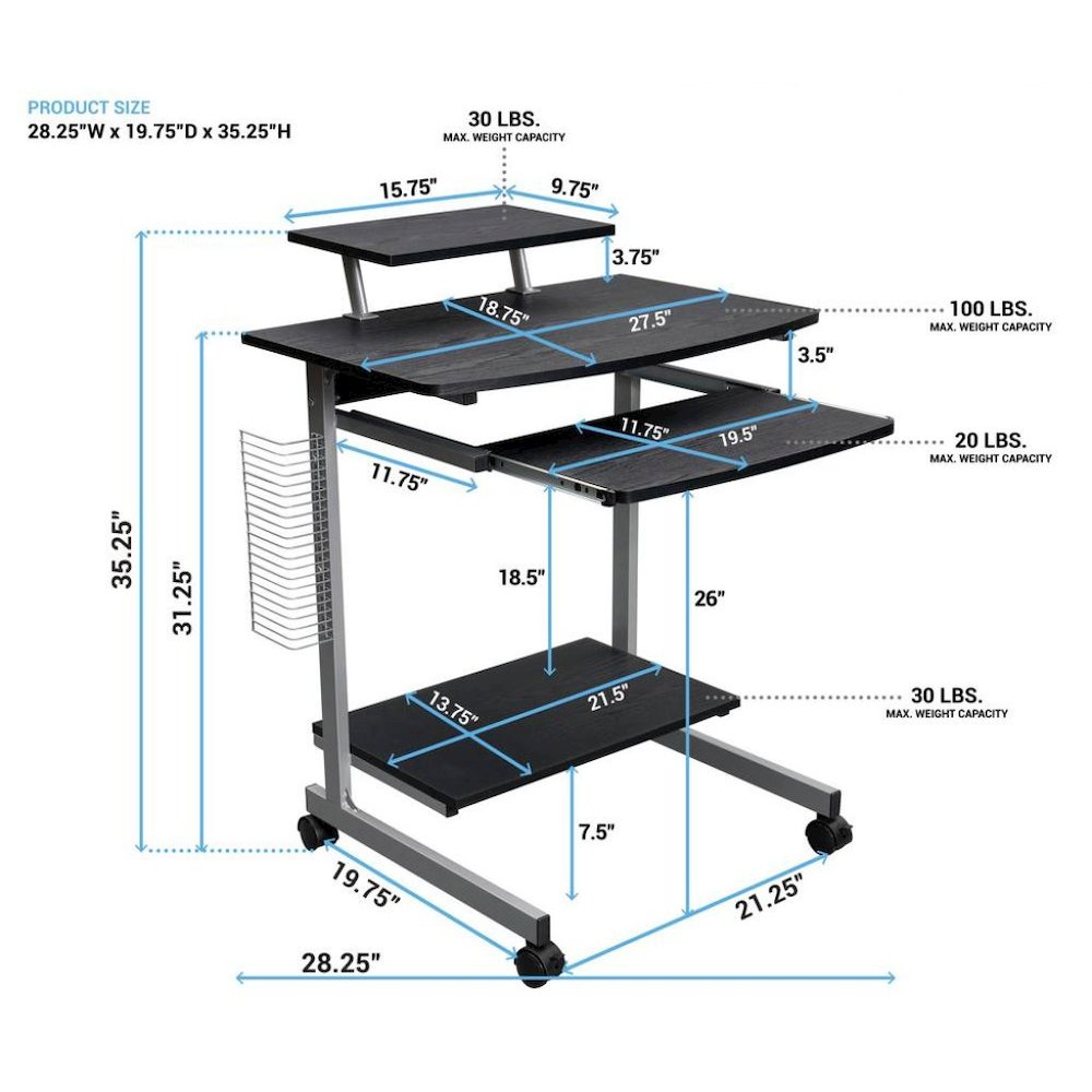 Brown Portable Computer Cart With Keyboard Shelf, Media Rack And Wheels