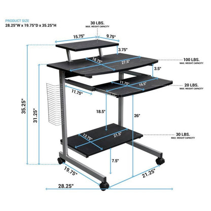 Brown Portable Computer Cart With Keyboard Shelf, Media Rack And Wheels