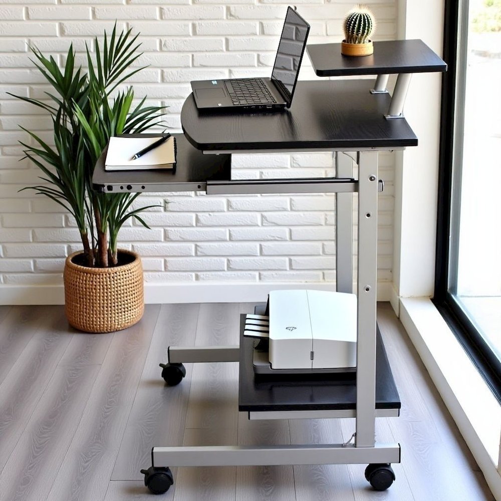 Brown Portable Computer Cart With Keyboard Shelf, Media Rack And Wheels