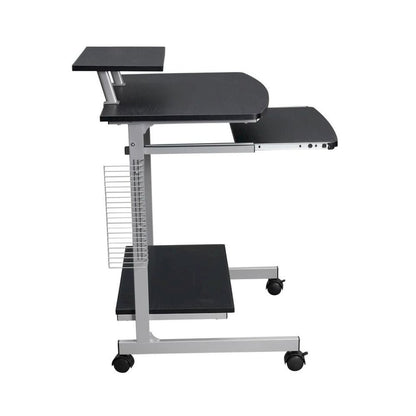 Brown Portable Computer Cart With Keyboard Shelf, Media Rack And Wheels