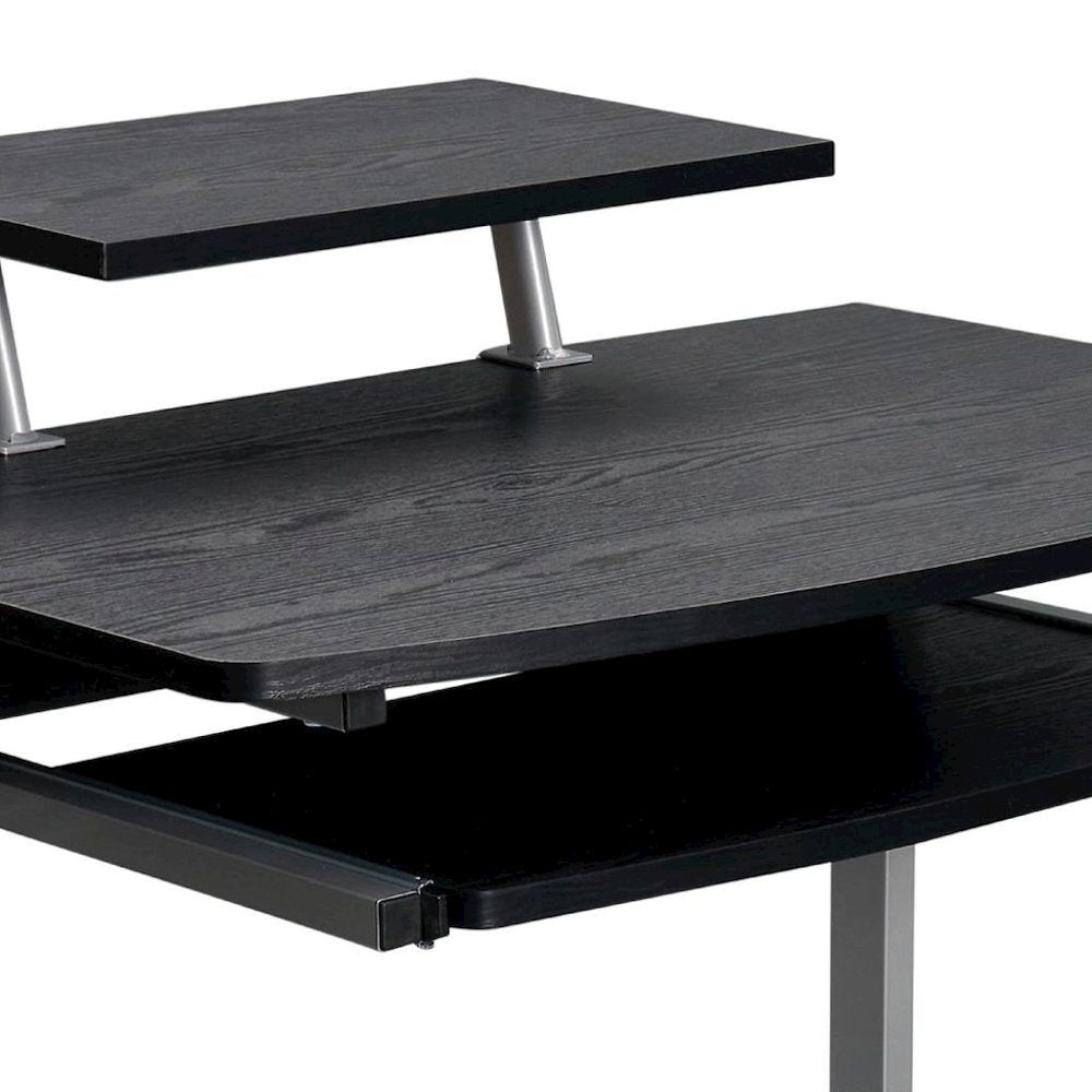 Brown Portable Computer Cart With Keyboard Shelf, Media Rack And Wheels