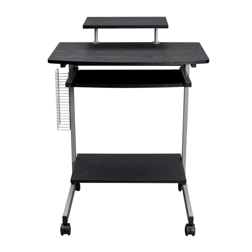 Brown Portable Computer Cart With Keyboard Shelf, Media Rack And Wheels