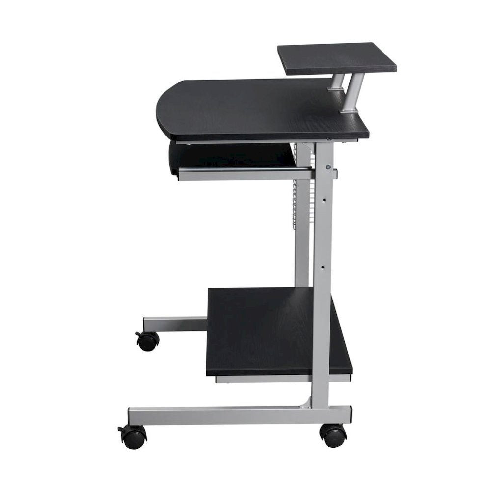 Brown Portable Computer Cart With Keyboard Shelf, Media Rack And Wheels