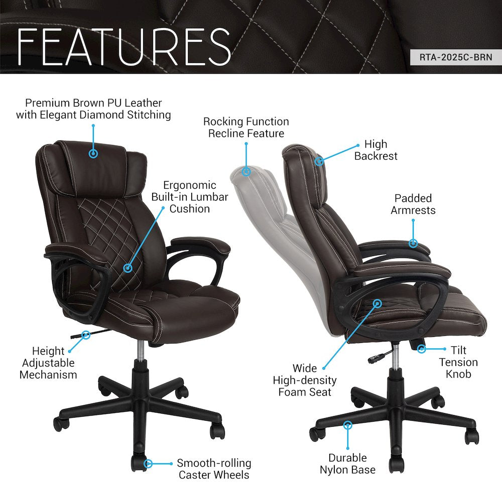 Ergonomic Executive Office Chair High Back Brown Faux Leather