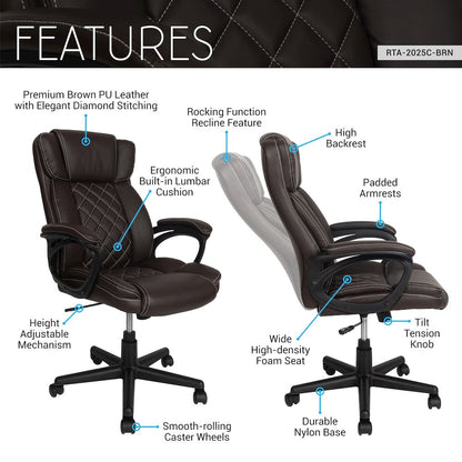 Ergonomic Executive Office Chair High Back Brown Faux Leather