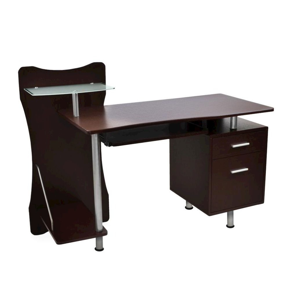 Chocolate Brown Wood Desk With 2 Drawers, CPU Shelf, Home Office Desk