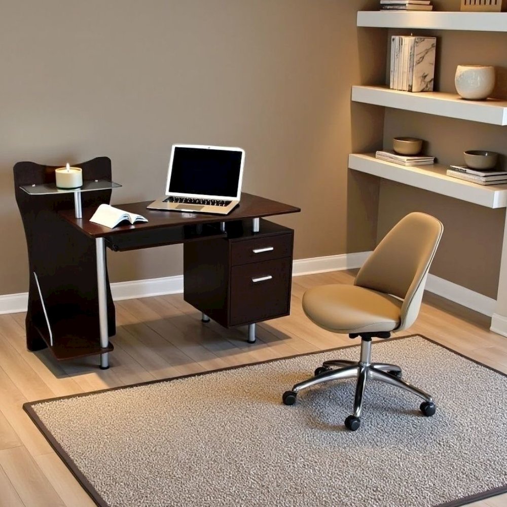 Chocolate Brown Wood Desk With 2 Drawers, CPU Shelf, Home Office Desk