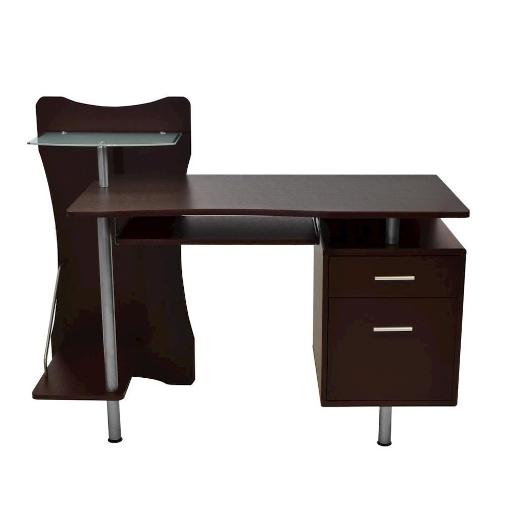 Chocolate Brown Wood Desk With 2 Drawers, CPU Shelf, Home Office Desk