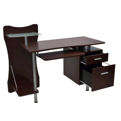 Chocolate Brown Wood Desk With 2 Drawers, CPU Shelf, Home Office Desk