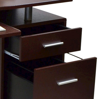 Chocolate Brown Wood Desk With 2 Drawers, CPU Shelf, Home Office Desk