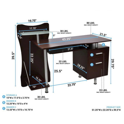 Chocolate Brown Wood Desk With 2 Drawers, CPU Shelf, Home Office Desk