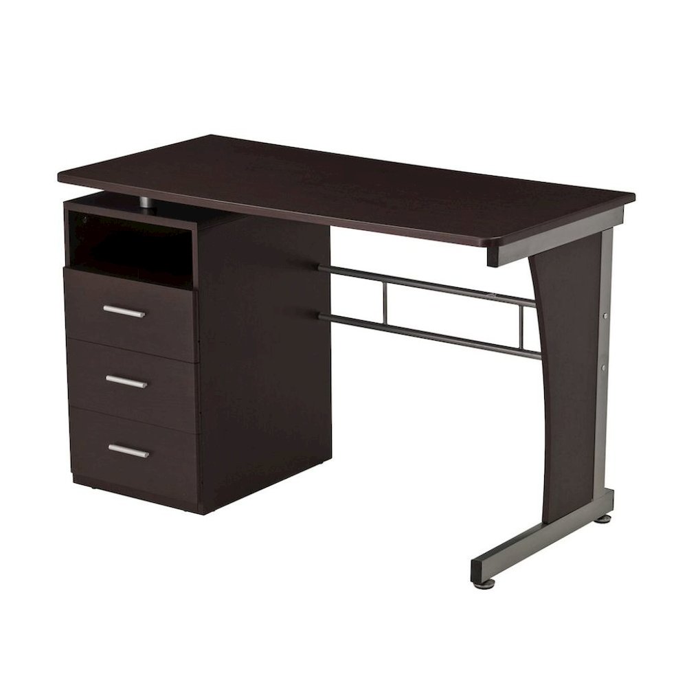 Brown Wood Desk With Storage And 3 Drawers, Office Table With Steel Frame Design