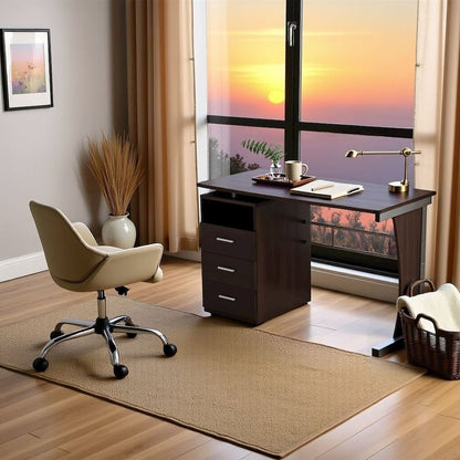 Brown Wood Desk With Storage And 3 Drawers, Office Table With Steel Frame Design