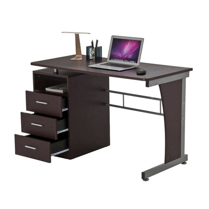 Brown Wood Desk With Storage And 3 Drawers, Office Table With Steel Frame Design