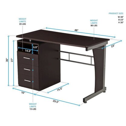 Brown Wood Desk With Storage And 3 Drawers, Office Table With Steel Frame Design