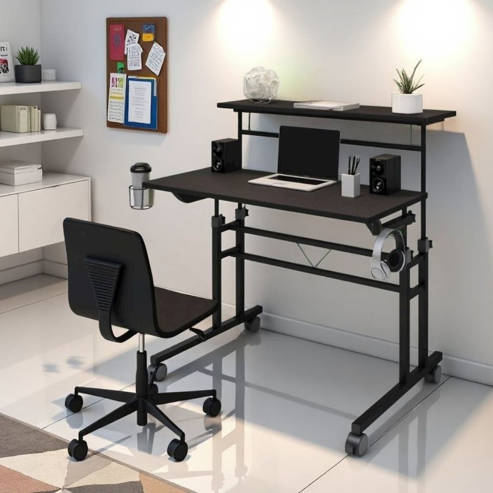 Black Adjustable Desk with Wheels, Computer and Office Table with Storage