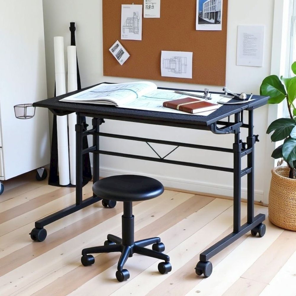 Black Adjustable Desk with Wheels, Computer and Office Table with Storage