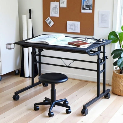 Black Adjustable Desk with Wheels, Computer and Office Table with Storage