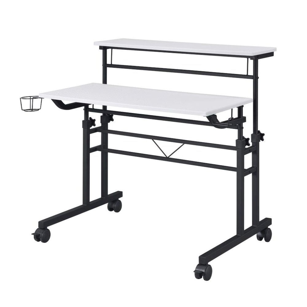 White Adjustable Desk with Wheels, Computer and Office Table with Storage