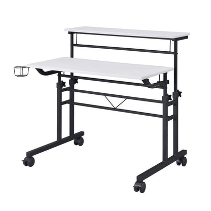 White Adjustable Desk with Wheels, Computer and Office Table with Storage