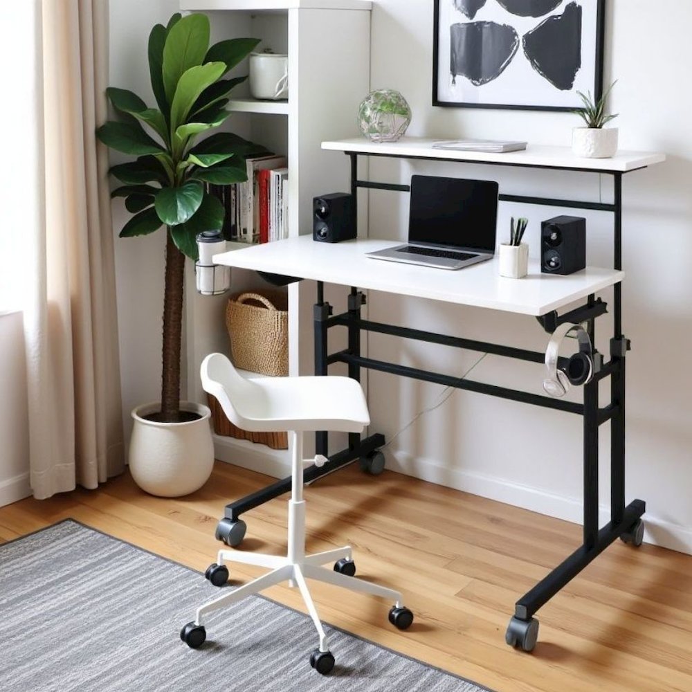 White Adjustable Desk with Wheels, Computer and Office Table with Storage