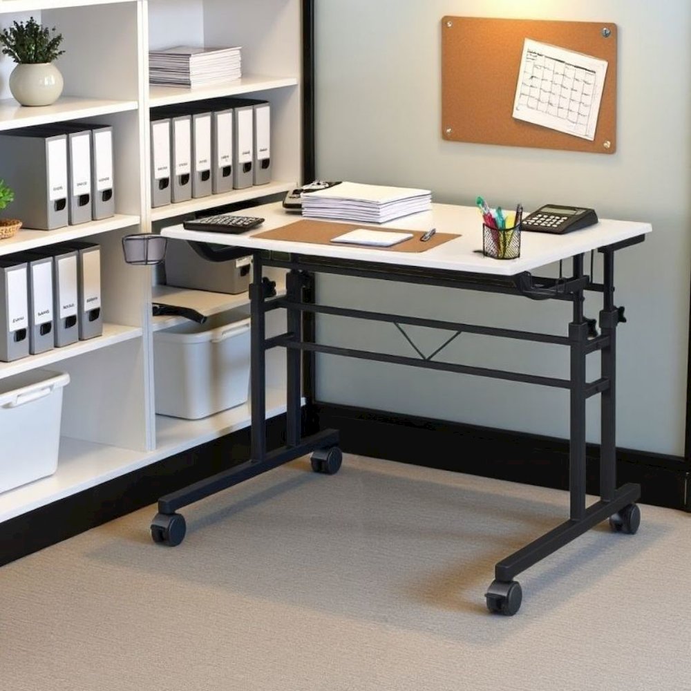 White Adjustable Desk with Wheels, Computer and Office Table with Storage