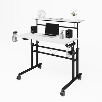 White Adjustable Desk with Wheels, Computer and Office Table with Storage