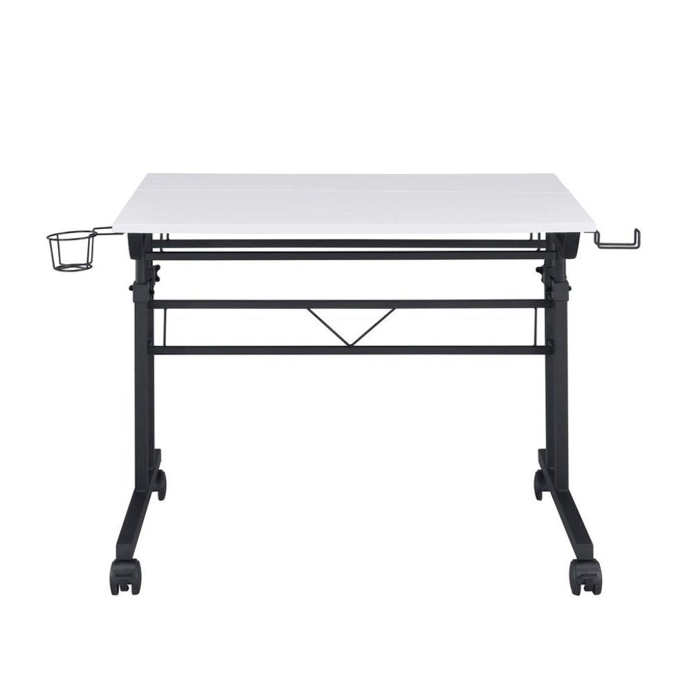 White Adjustable Desk with Wheels, Computer and Office Table with Storage