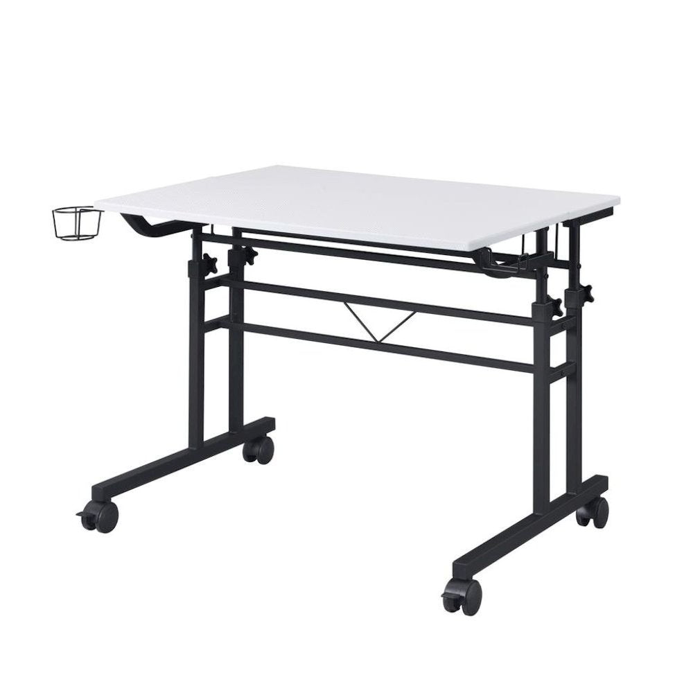 White Adjustable Desk with Wheels, Computer and Office Table with Storage