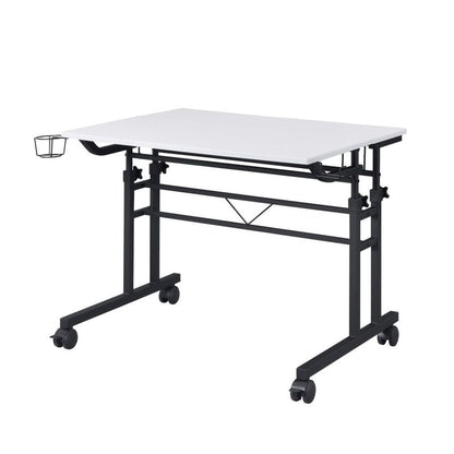 White Adjustable Desk with Wheels, Computer and Office Table with Storage