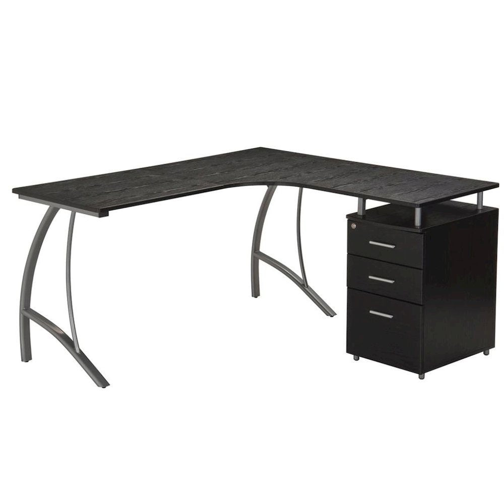 Brown L Shaped Desk With 3 Drawers, Steel Frame Corner Computer Desk