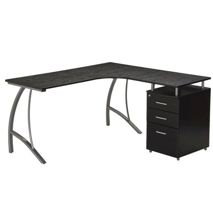 Brown L Shaped Desk With 3 Drawers, Steel Frame Corner Computer Desk