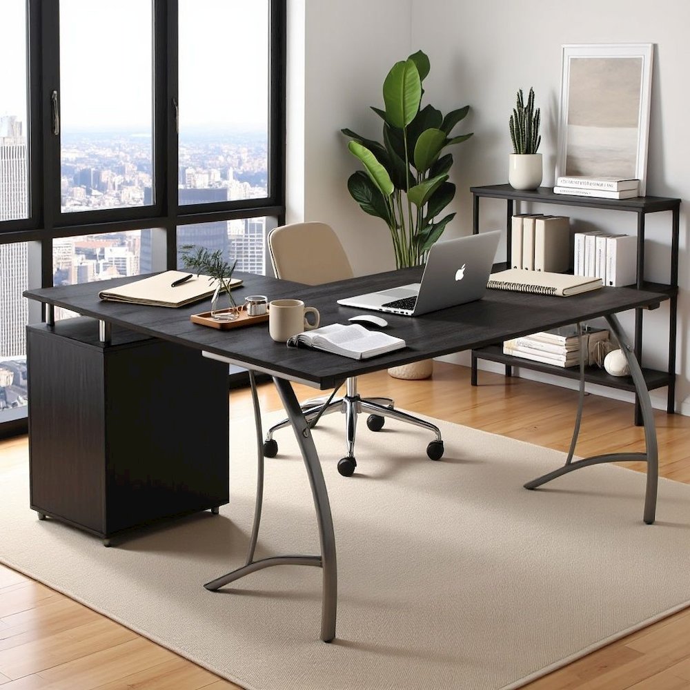 Brown L Shaped Desk With 3 Drawers, Steel Frame Corner Computer Desk