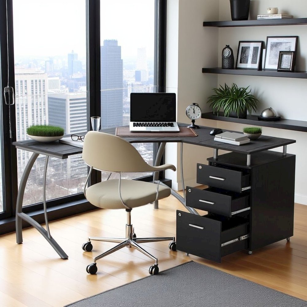 Brown L Shaped Desk With 3 Drawers, Steel Frame Corner Computer Desk
