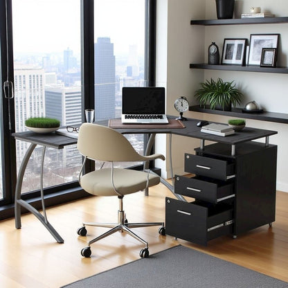 Brown L Shaped Desk With 3 Drawers, Steel Frame Corner Computer Desk