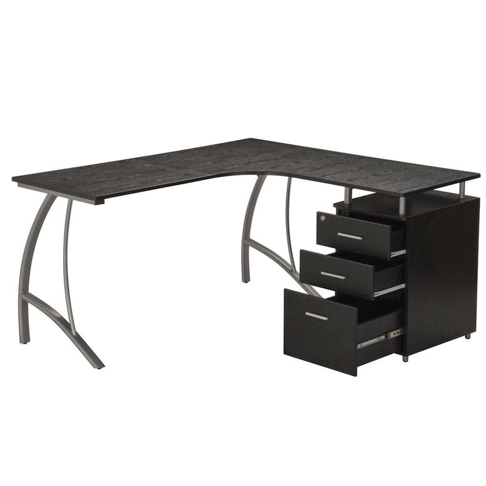 Brown L Shaped Desk With 3 Drawers, Steel Frame Corner Computer Desk