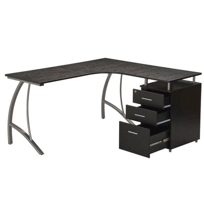 Brown L Shaped Desk With 3 Drawers, Steel Frame Corner Computer Desk